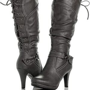 Women's Knee High Vegan Round Toe Lace Up Style Full grey corset